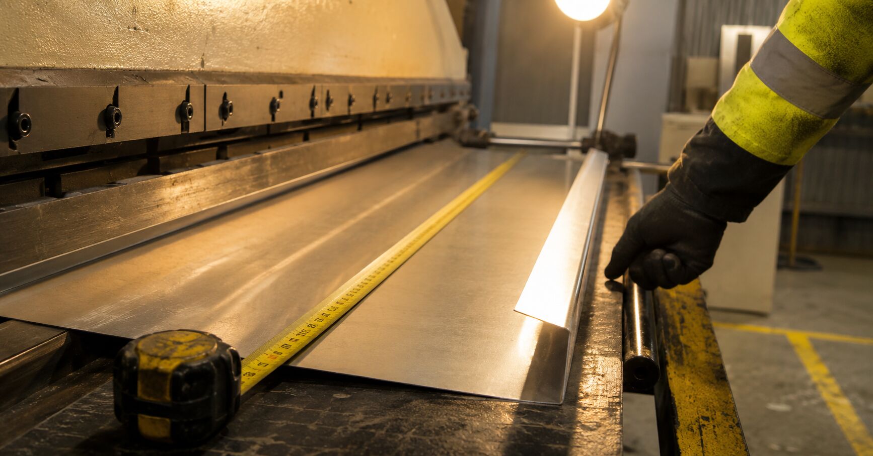 A 6 metre aluminium flashing being folded on the premill folder, a worn metric tape measure laid across the sheet