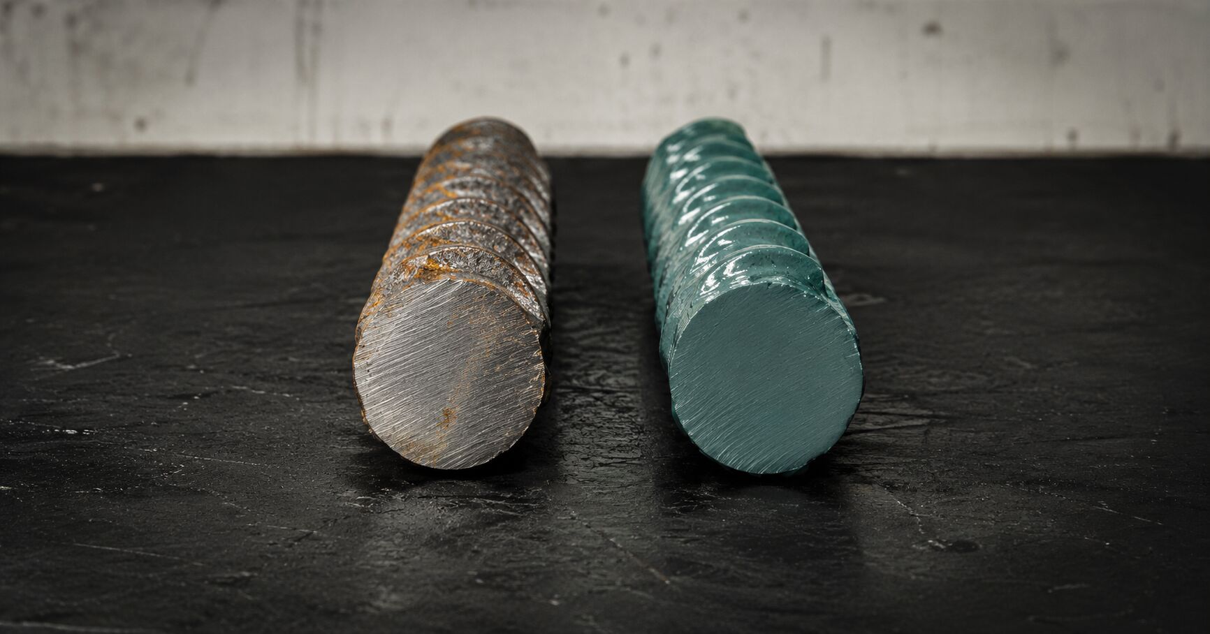 Two short sections of 20 mm reinforcing bar laid on a black workbench, one raw and rust spotted, the other coated in matt fusion bonded epoxy in its characteristic teal green